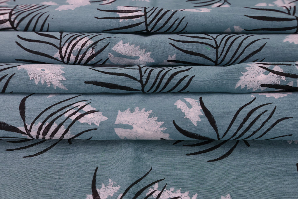 Blue Cotton Blockprint Fabric: Handstamped Floral Print