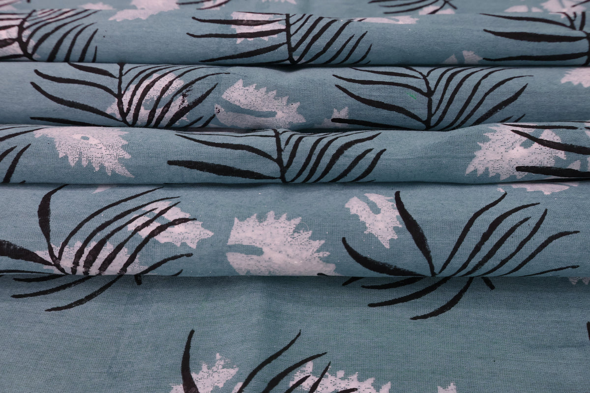 Blue Cotton Blockprint Fabric: Handstamped Floral Print
