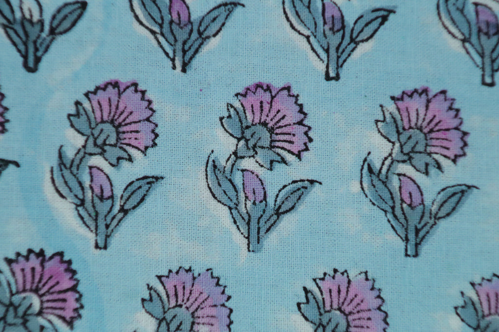 Blue Floral Blockprint Cotton Fabric: Handstamped Indian Fabric