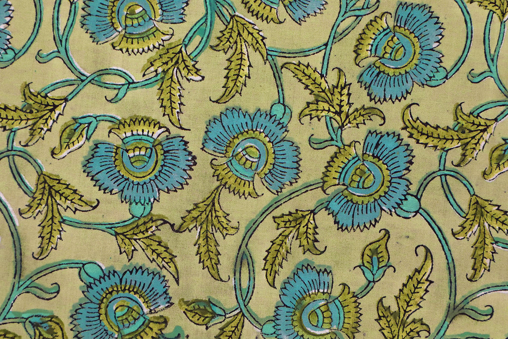 Floral Block Print Cotton Fabric: Blue & Yellow Indian Fabric by the Yard