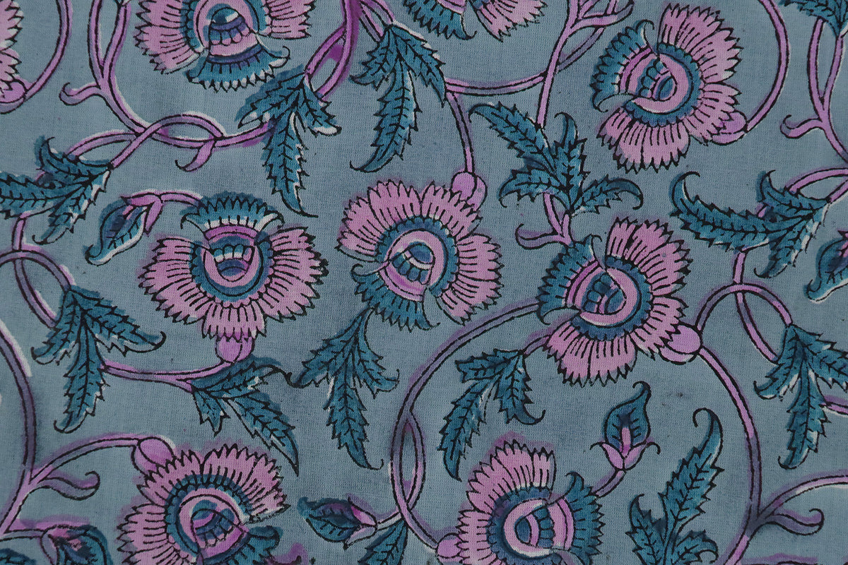 Mughal Floral Print Cotton Fabric: Blue & Pink Hand Block Print