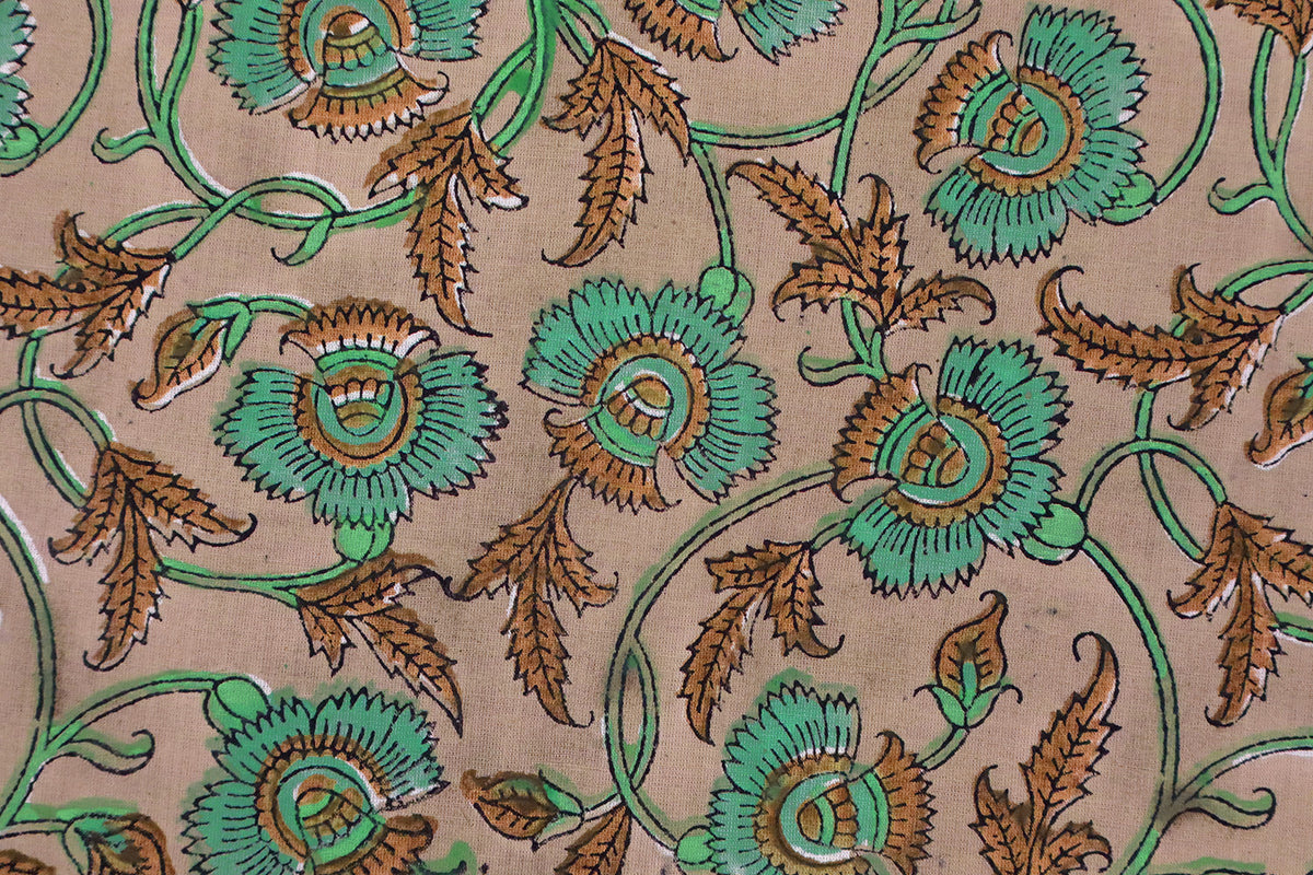 Floral Block Print Cotton Fabric: Orange & Green Indian Fabric