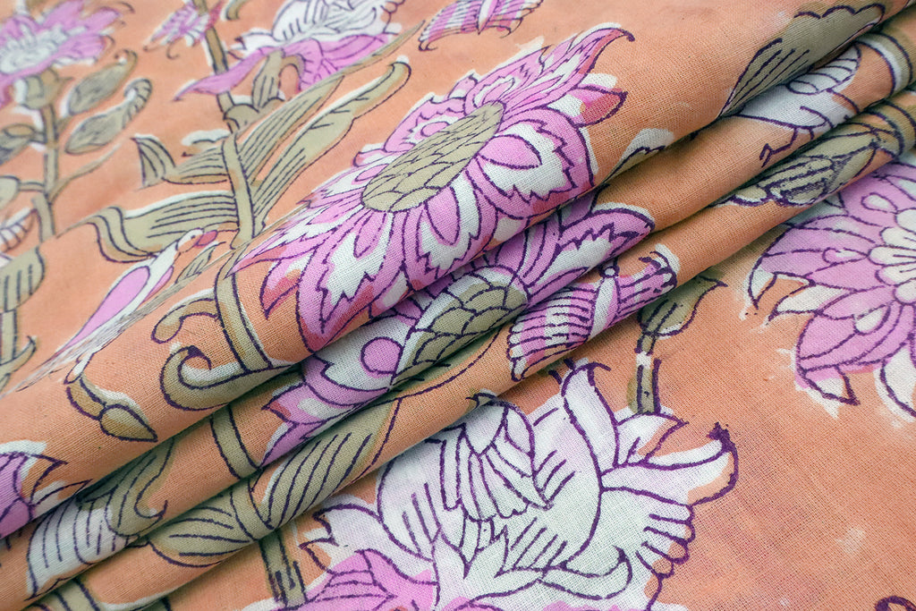 Hand Block Print Cotton Fabric: Pink & Orange Floral Indian Fabric by the Yard
