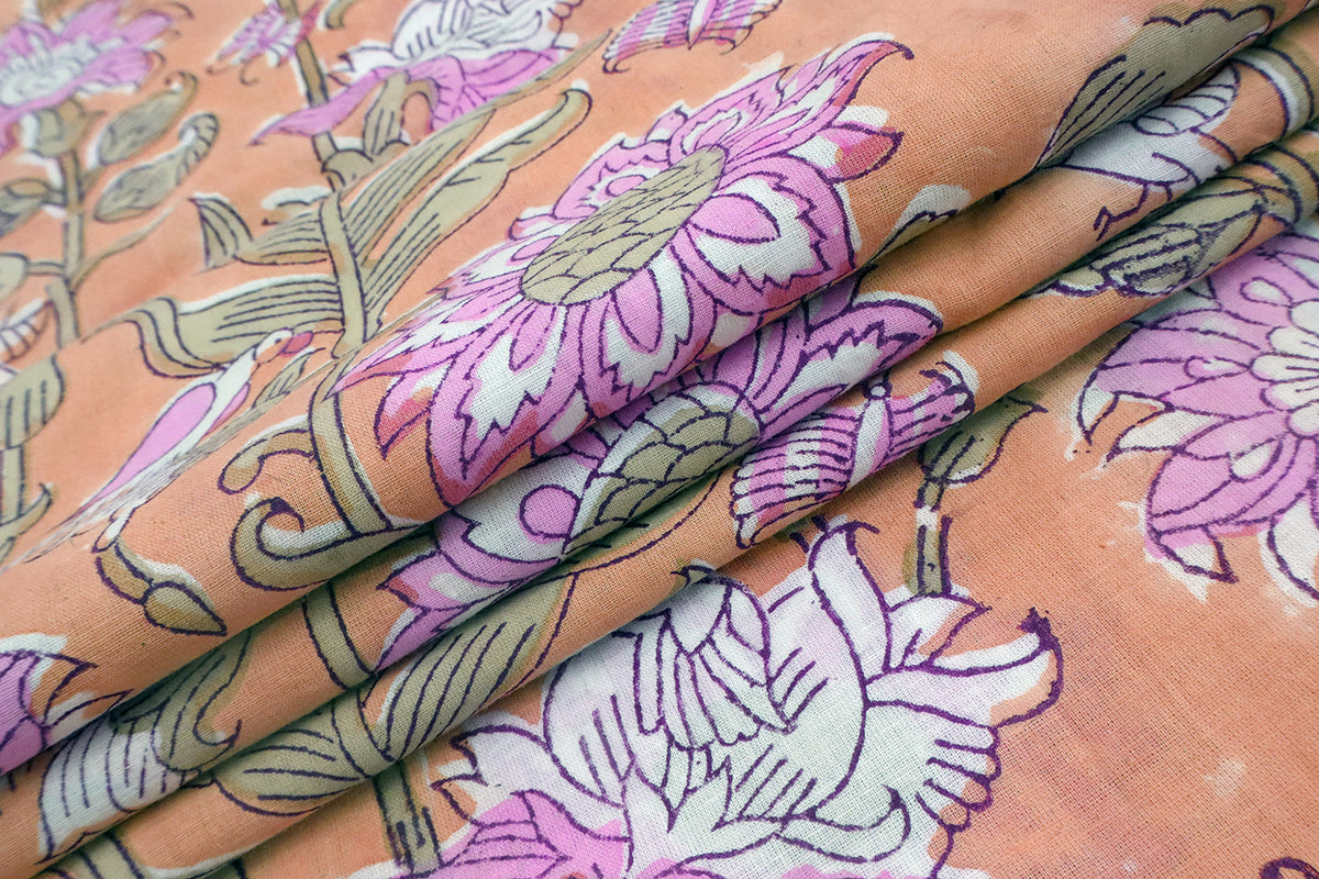 Hand Block Print Cotton Fabric: Pink & Orange Floral Indian Fabric by the Yard