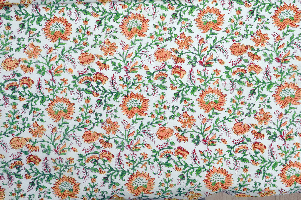 Floral Cotton Fabric: Orange, White & Green Hand Block Print