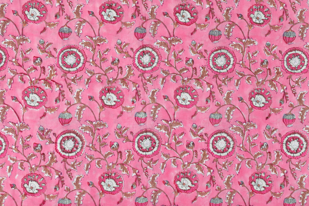 Pink Floral Fabric: Hand Block Print Indian Cotton, By The Yard