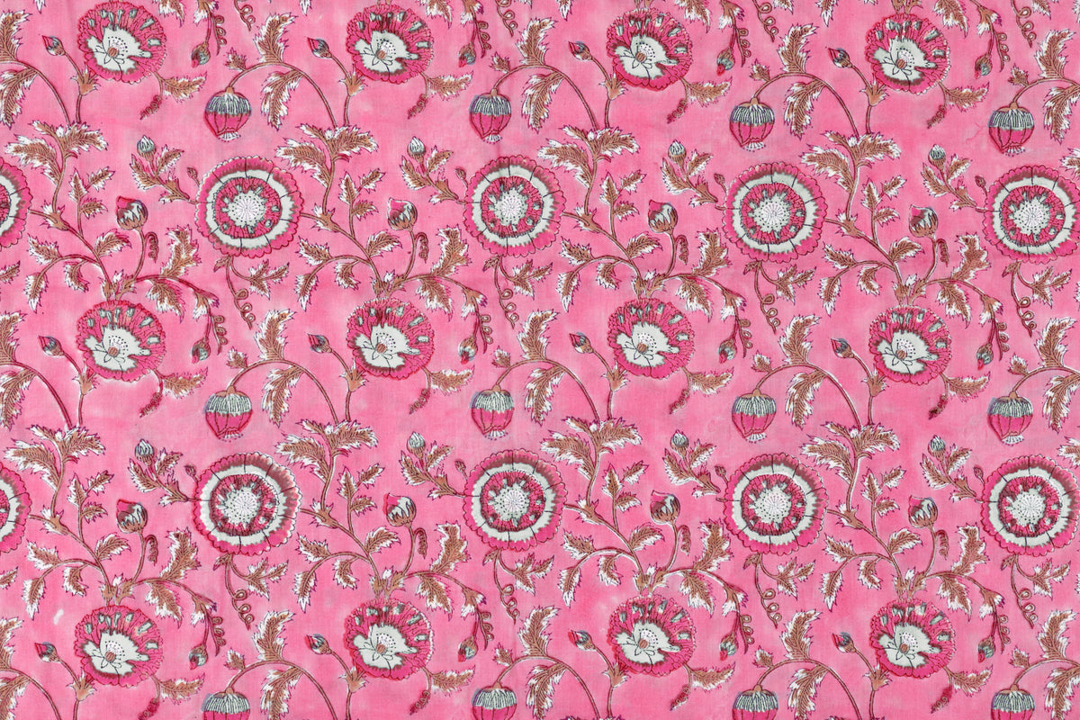 Pink Floral Fabric: Hand Block Print Indian Cotton, By The Yard