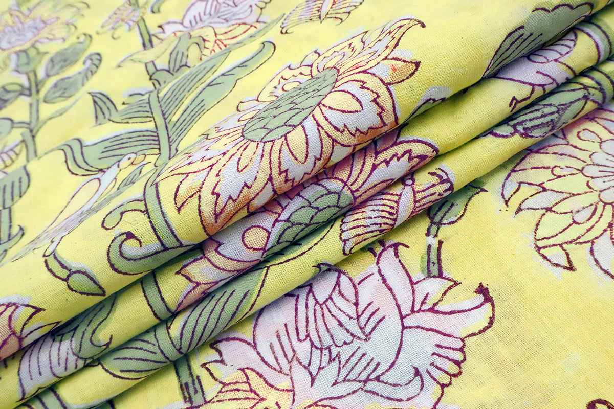 Hand Block Print Cotton Fabric: Yellow Green Floral Indian Fabric