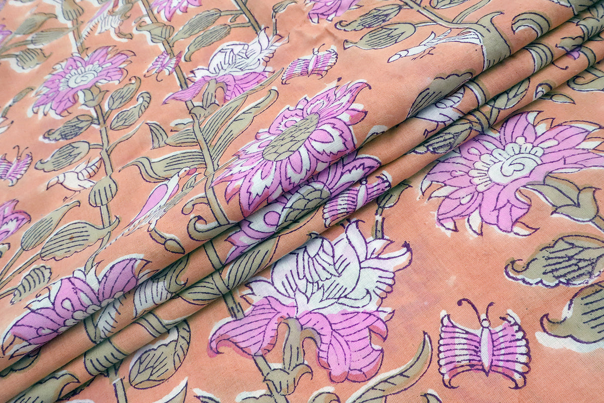 Hand Block Print Cotton Fabric: Pink & Orange Floral Indian Fabric by the Yard
