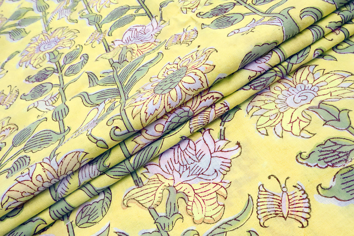 Hand Block Print Cotton Fabric: Yellow Green Floral Indian Fabric