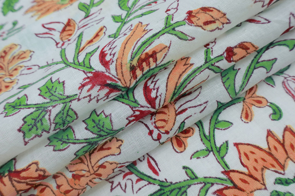 Floral Cotton Fabric: Orange, White & Green Hand Block Print
