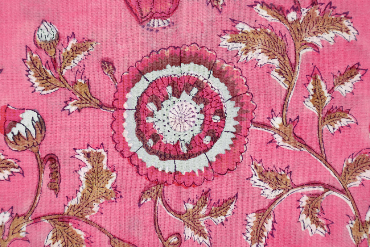 Pink Floral Fabric: Hand Block Print Indian Cotton, By The Yard