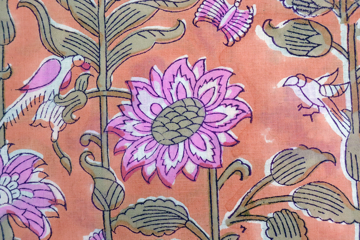 Hand Block Print Cotton Fabric: Pink & Orange Floral Indian Fabric by the Yard