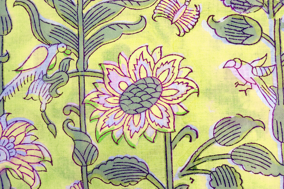 Hand Block Print Cotton Fabric: Yellow Green Floral Indian Fabric