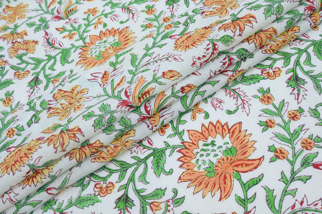 Floral Cotton Fabric: Orange, White & Green Hand Block Print