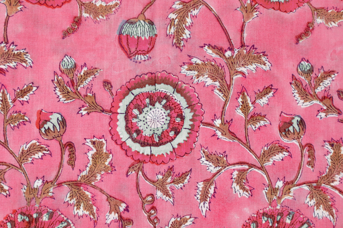 Pink Floral Fabric: Hand Block Print Indian Cotton, By The Yard