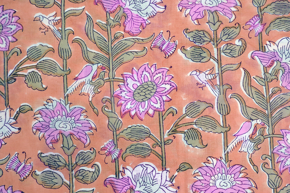 Hand Block Print Cotton Fabric: Pink & Orange Floral Indian Fabric by the Yard