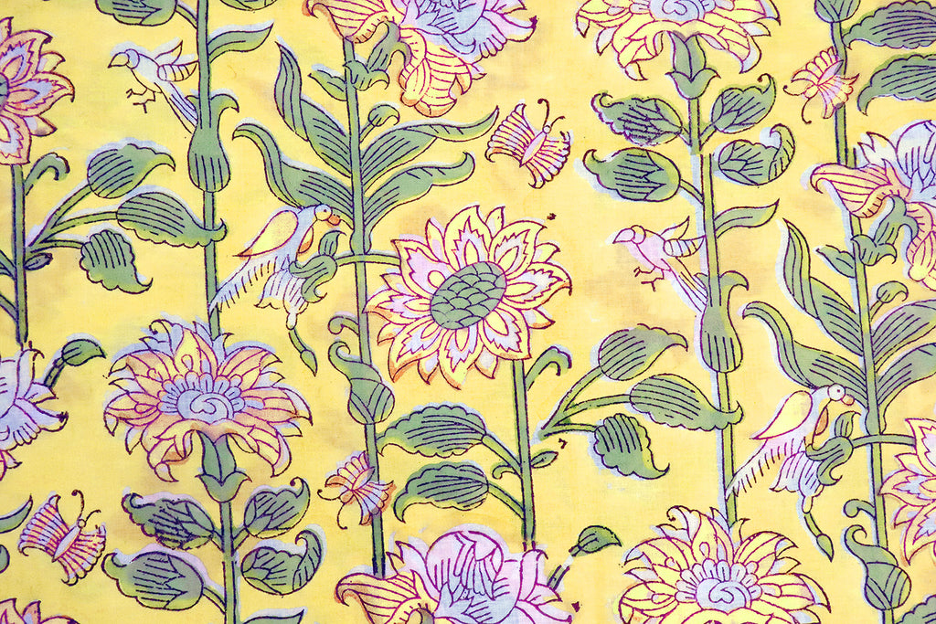 Hand Block Print Cotton Fabric: Yellow Green Floral Indian Fabric