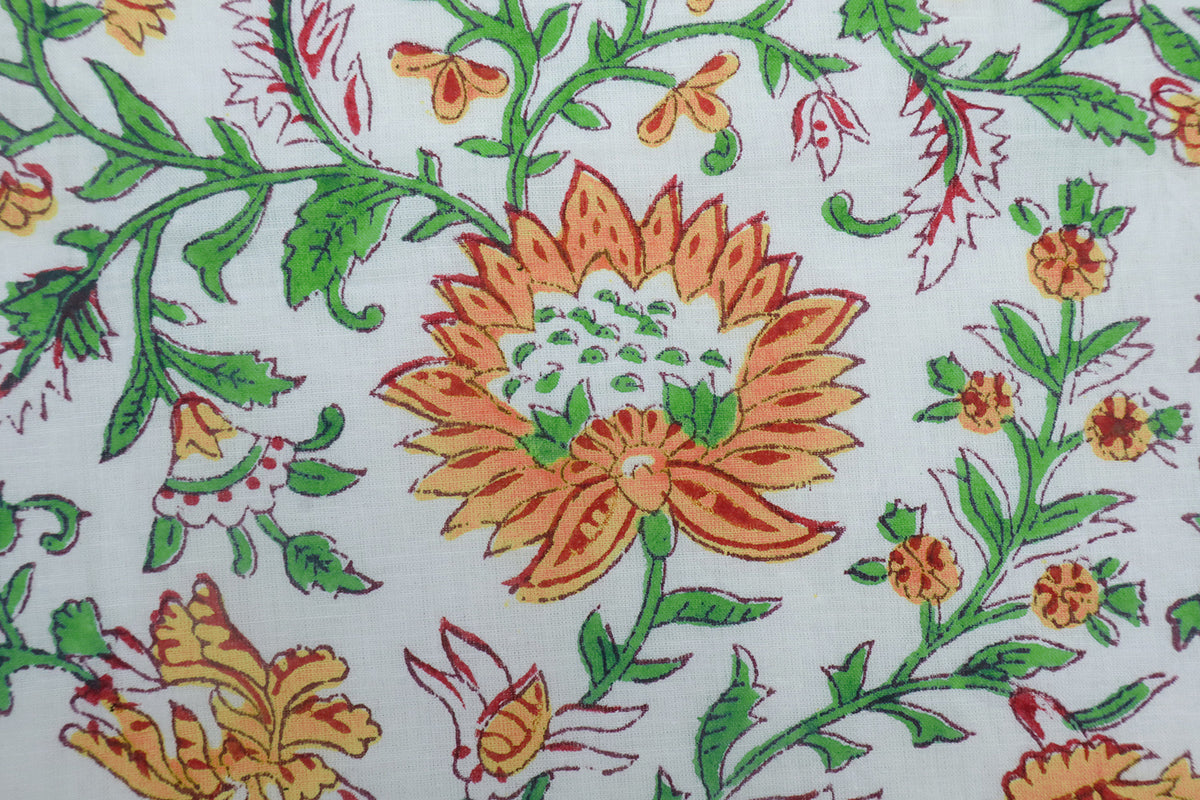 Floral Cotton Fabric: Orange, White & Green Hand Block Print