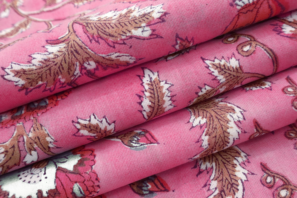 Pink Floral Fabric: Hand Block Print Indian Cotton, By The Yard