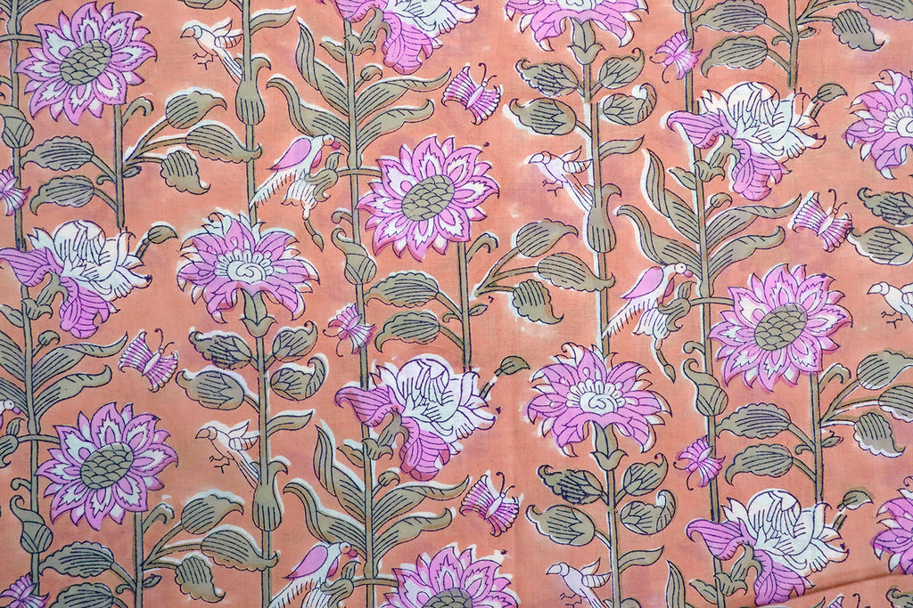 Hand Block Print Cotton Fabric: Pink & Orange Floral Indian Fabric by the Yard