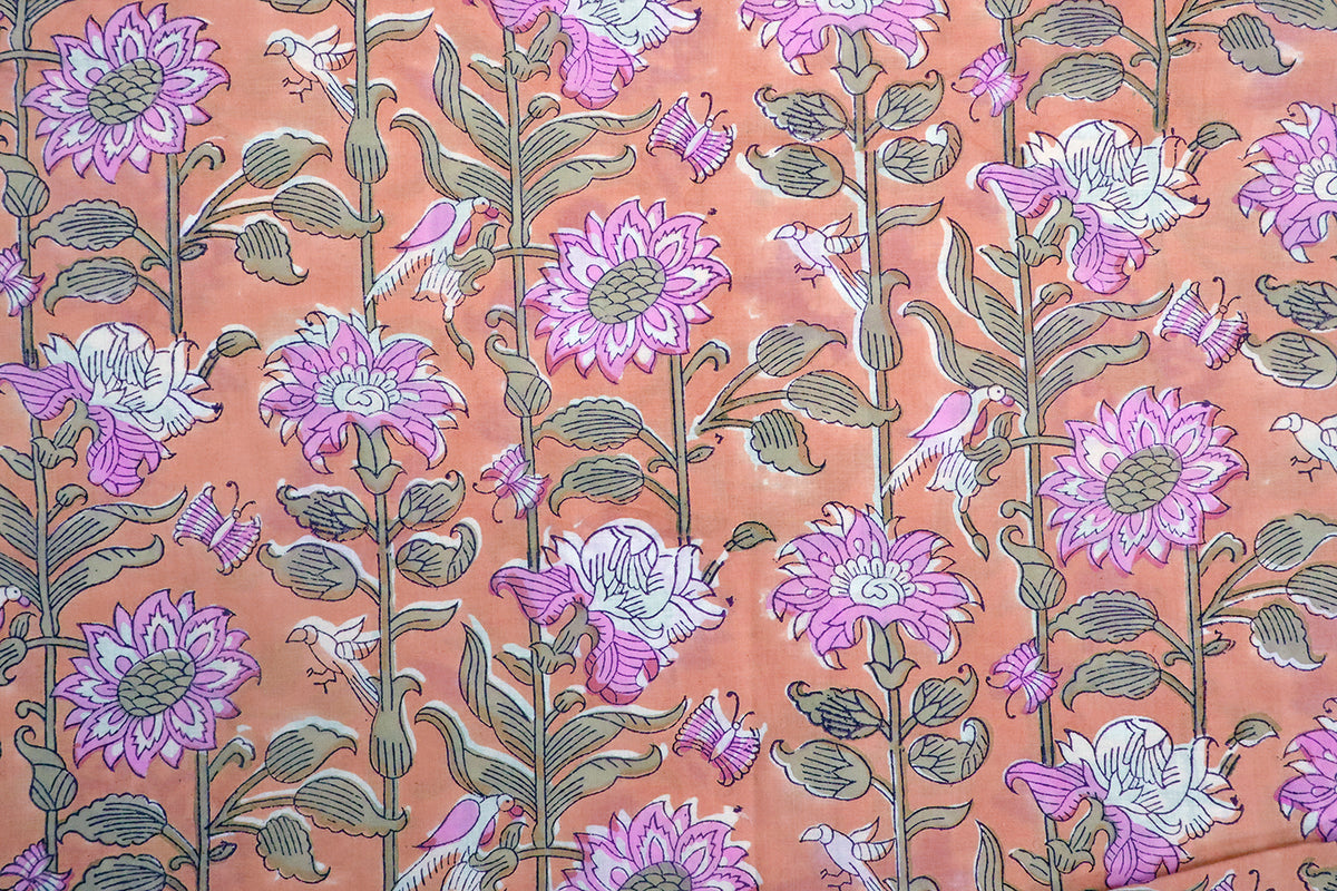Hand Block Print Cotton Fabric: Pink & Orange Floral Indian Fabric by the Yard