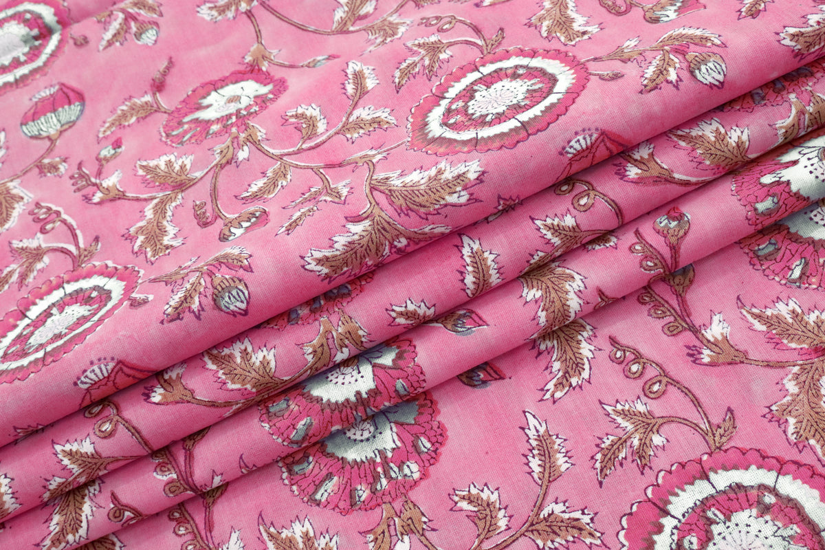 Pink Floral Fabric: Hand Block Print Indian Cotton, By The Yard