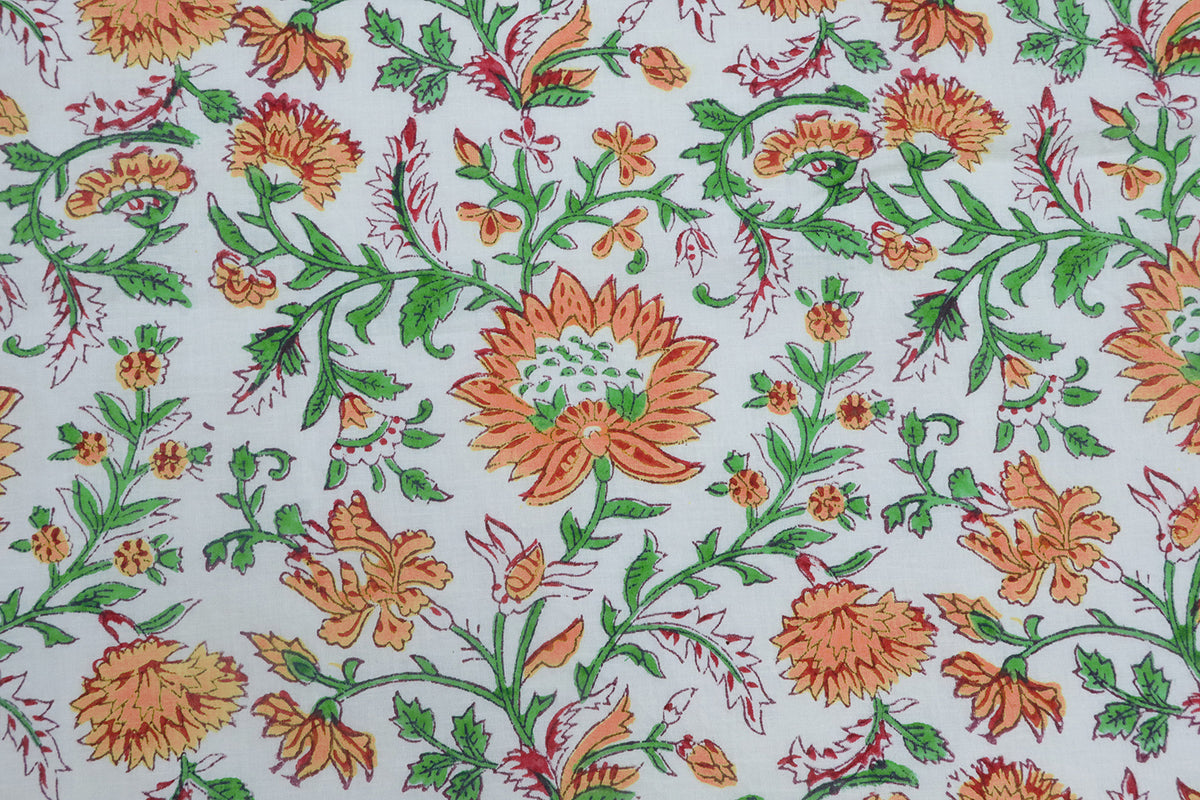 Floral Cotton Fabric: Orange, White & Green Hand Block Print