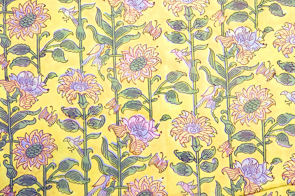 Hand Block Print Cotton Fabric: Yellow Green Floral Indian Fabric
