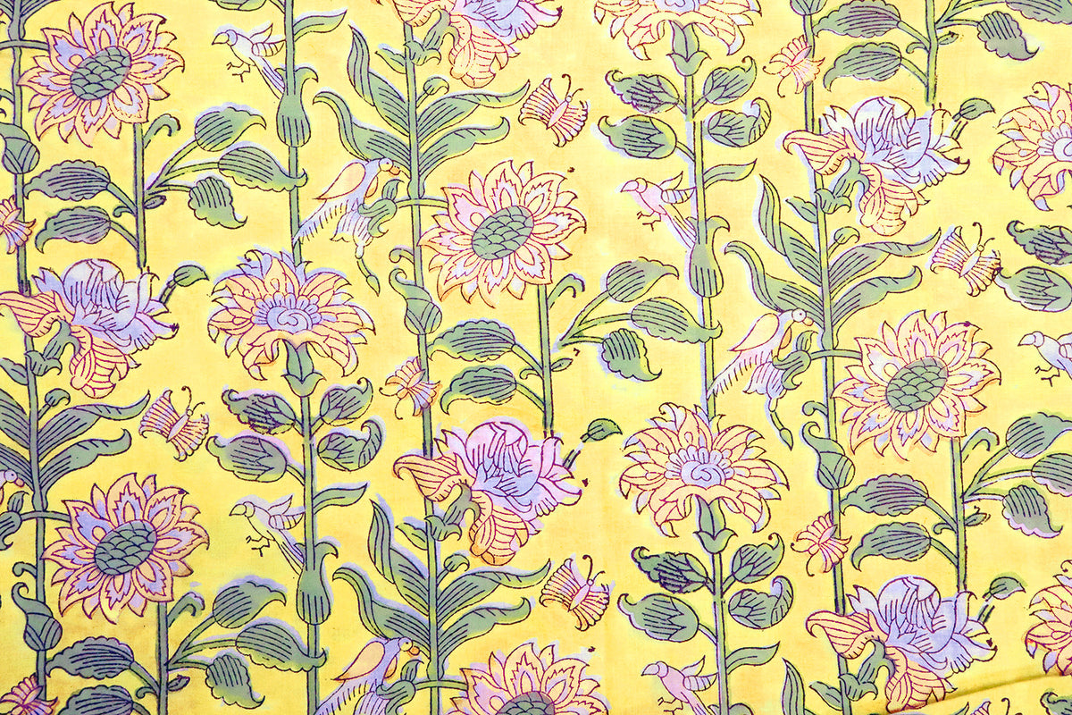 Hand Block Print Cotton Fabric: Yellow Green Floral Indian Fabric