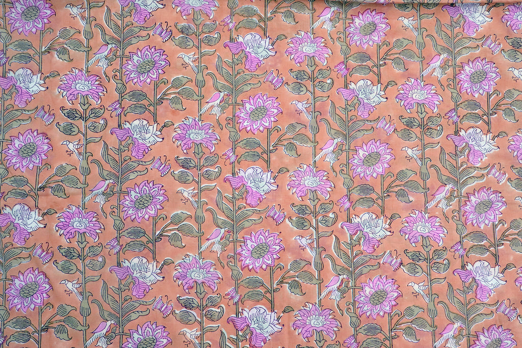 Hand Block Print Cotton Fabric: Pink & Orange Floral Indian Fabric by the Yard