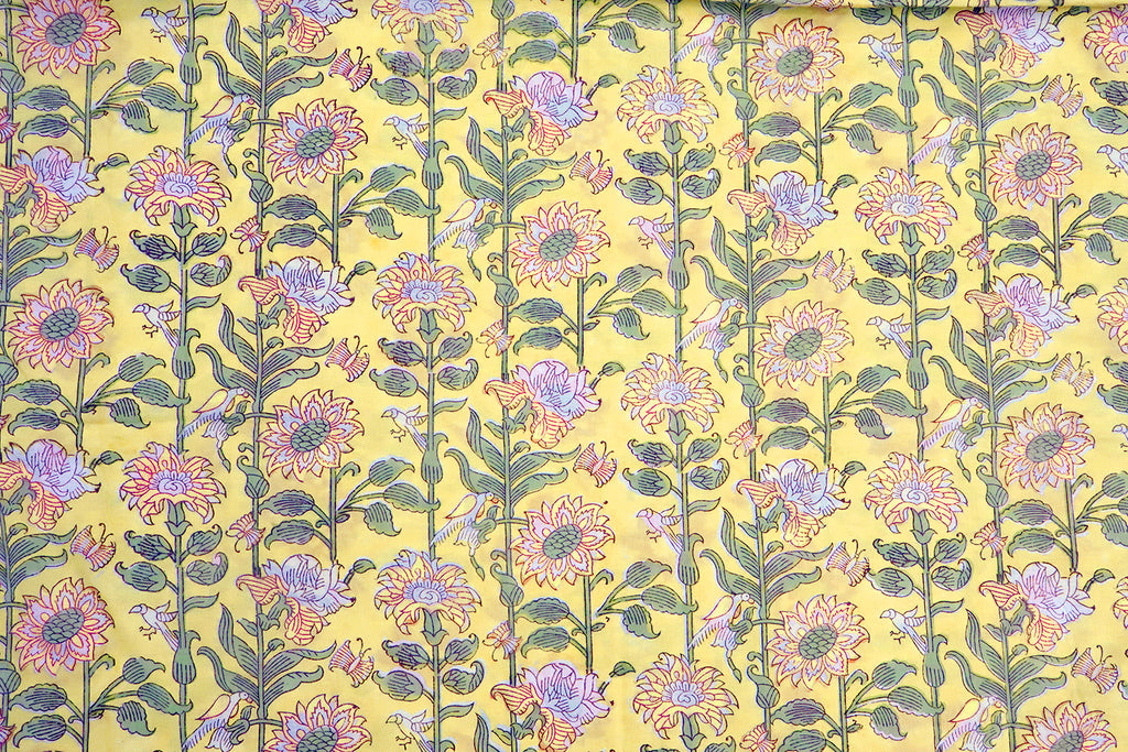 Hand Block Print Cotton Fabric: Yellow Green Floral Indian Fabric