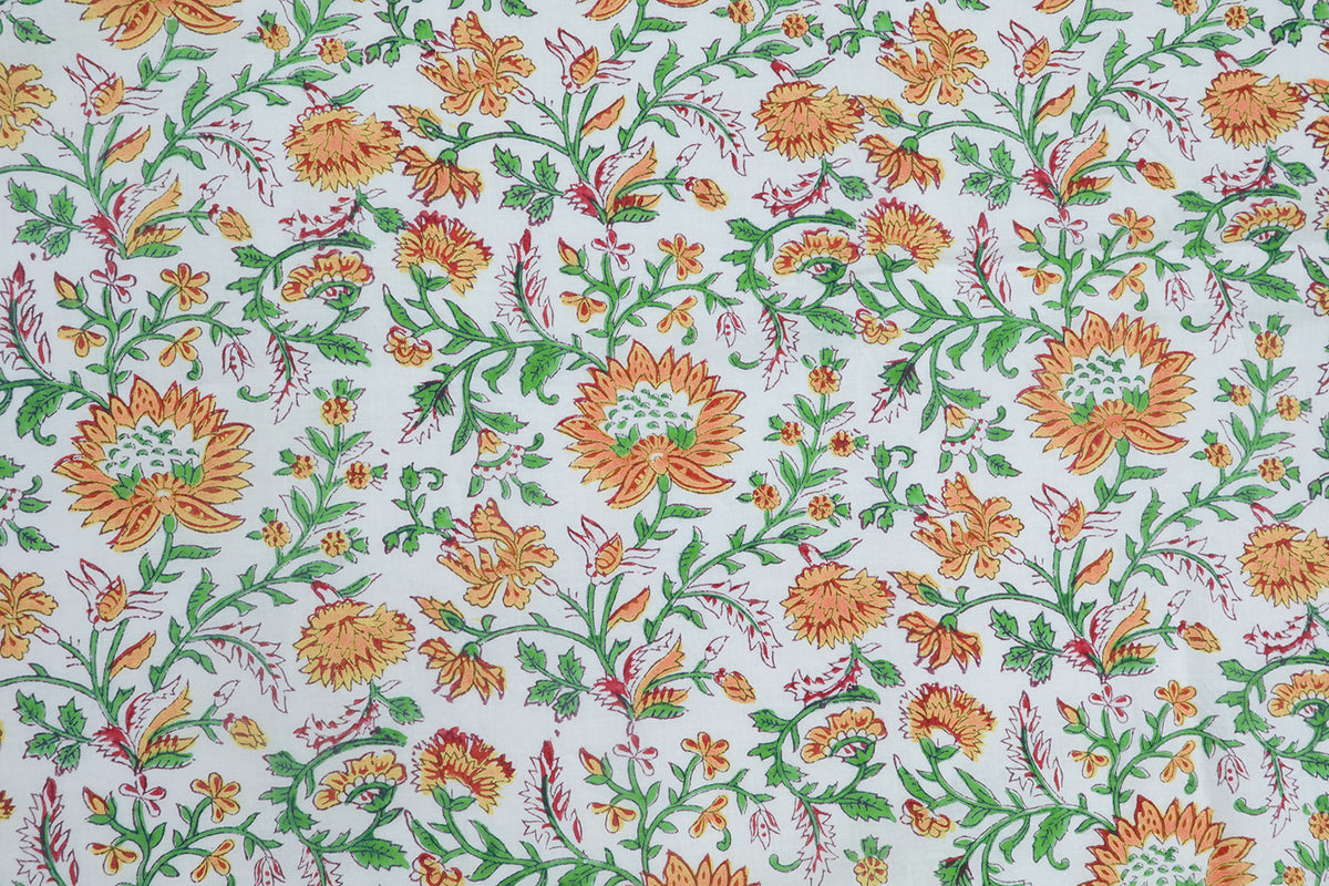Floral Cotton Fabric: Orange, White & Green Hand Block Print