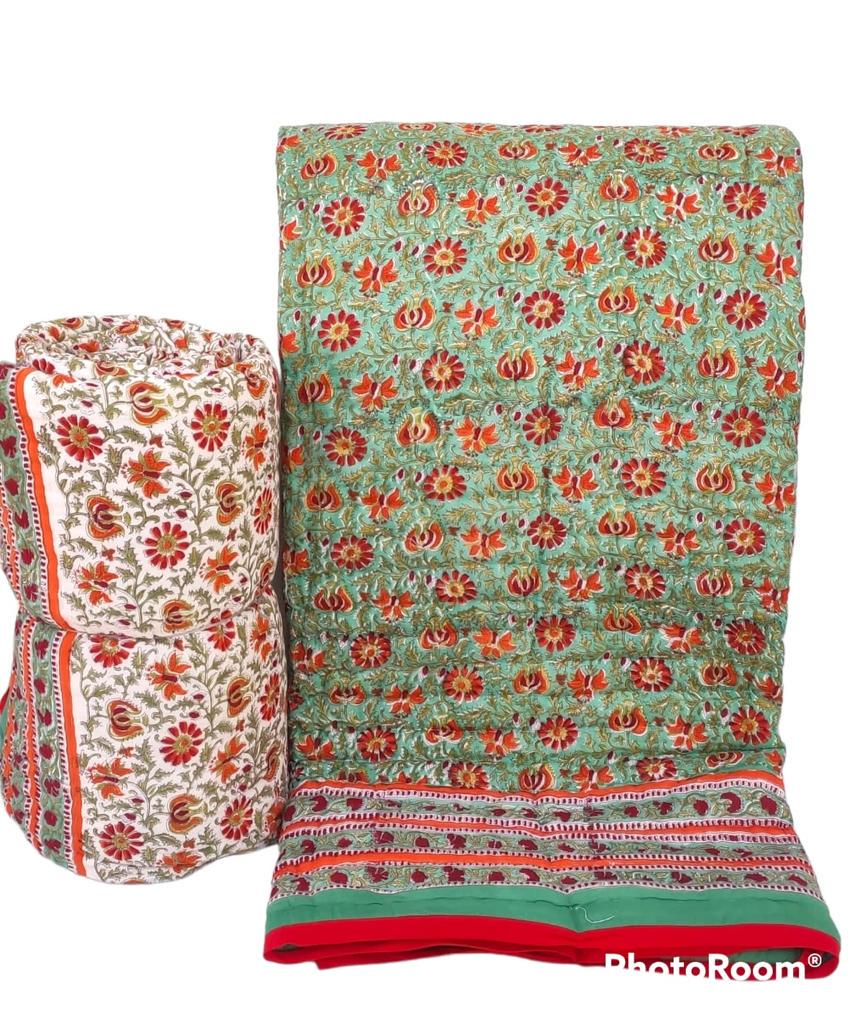 Hand-Block Printed Pure Cotton Quilt – Reversible Artisan Bedding | Lightweight Indian Cotton Jaipuri Razai | Hand-Quilted & Eco-Friendly
