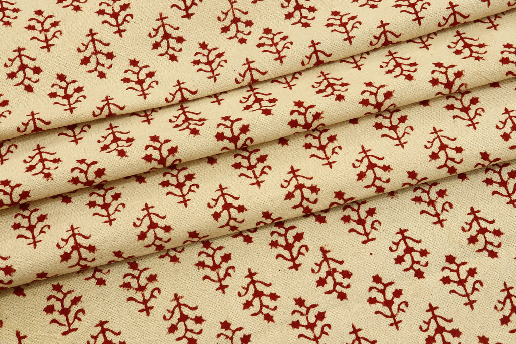 Beige and Red Handmade Block Print Cotton Fabric by the Yard | Eco-Friendly & Breathable