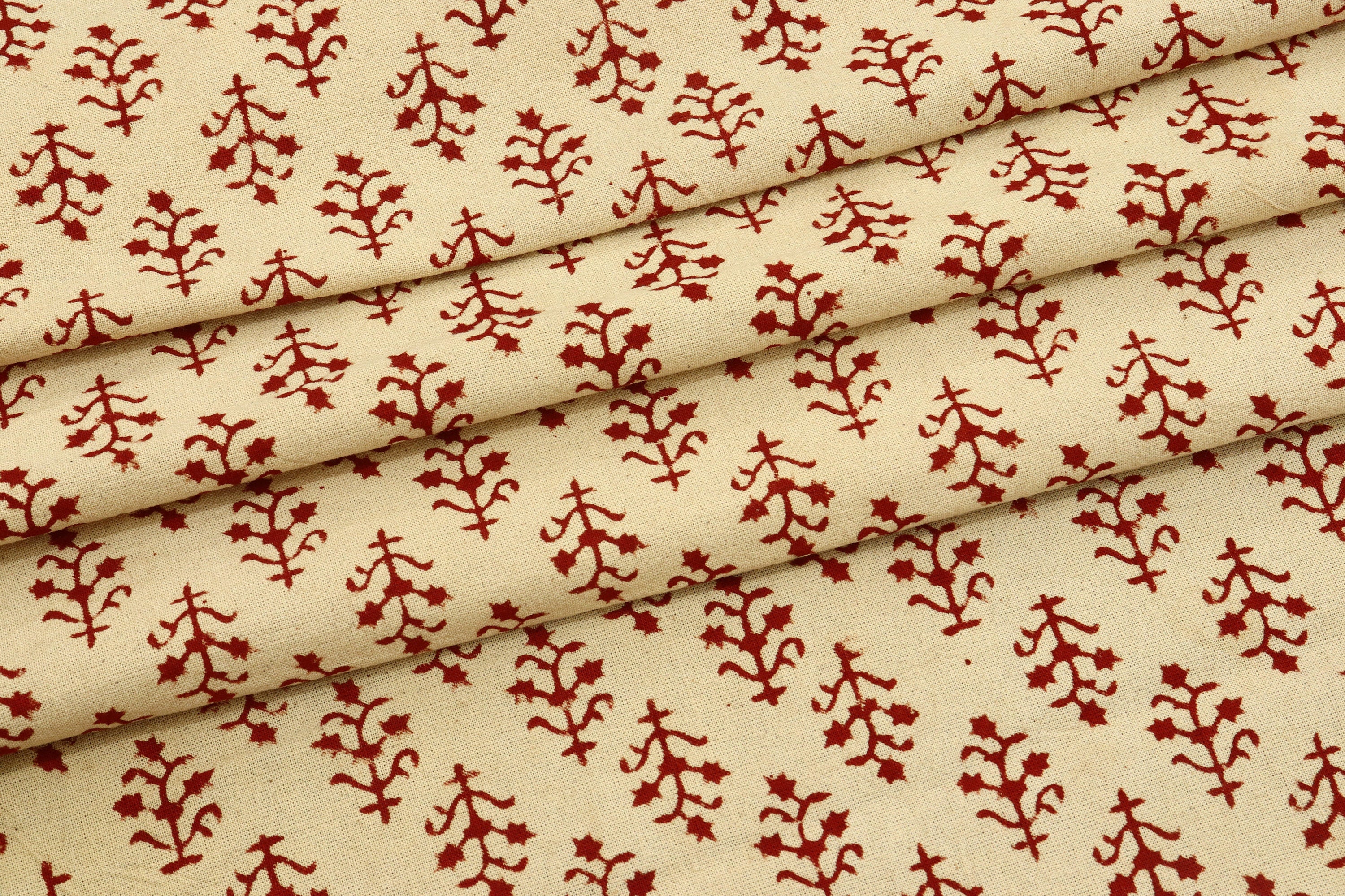 Beige and Red Handmade Block Print Cotton Fabric by the Yard | Eco-Friendly & Breathable