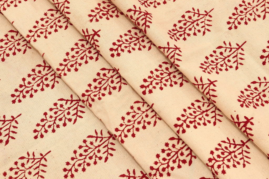Beige and Red Handmade Block Print Cotton Fabric by the Yard | Eco-Friendly & Breathable