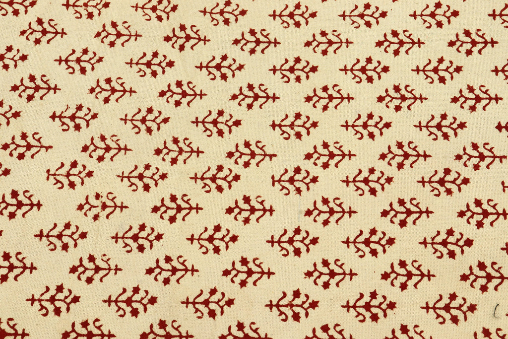 Beige and Red Handmade Block Print Cotton Fabric by the Yard | Eco-Friendly & Breathable
