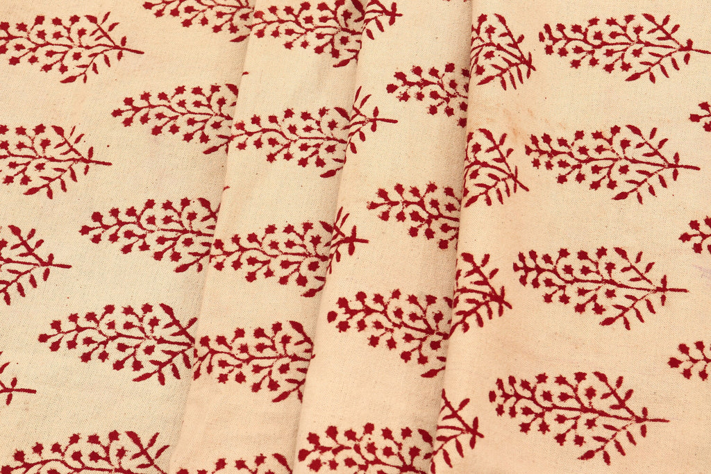 Beige and Red Handmade Block Print Cotton Fabric by the Yard | Eco-Friendly & Breathable