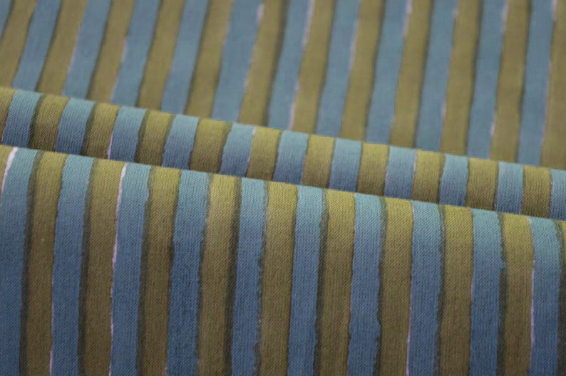 Blue & Olive Block Print Linen Fabric - Mughal Floral Design