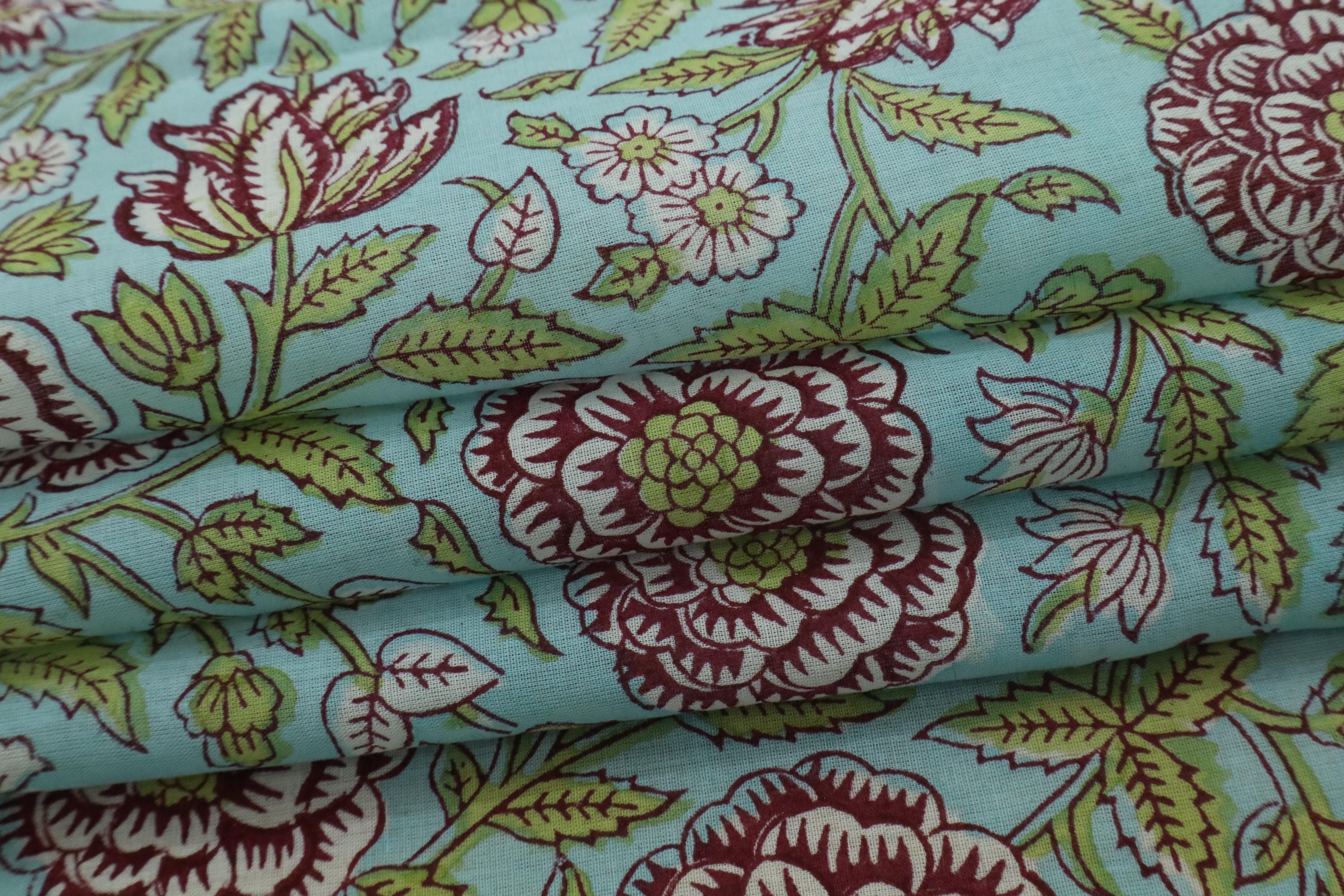 Blue and Pink Colour Handmade Block Print Cotton Fabric by the Yard | Eco-Friendly & Breathable