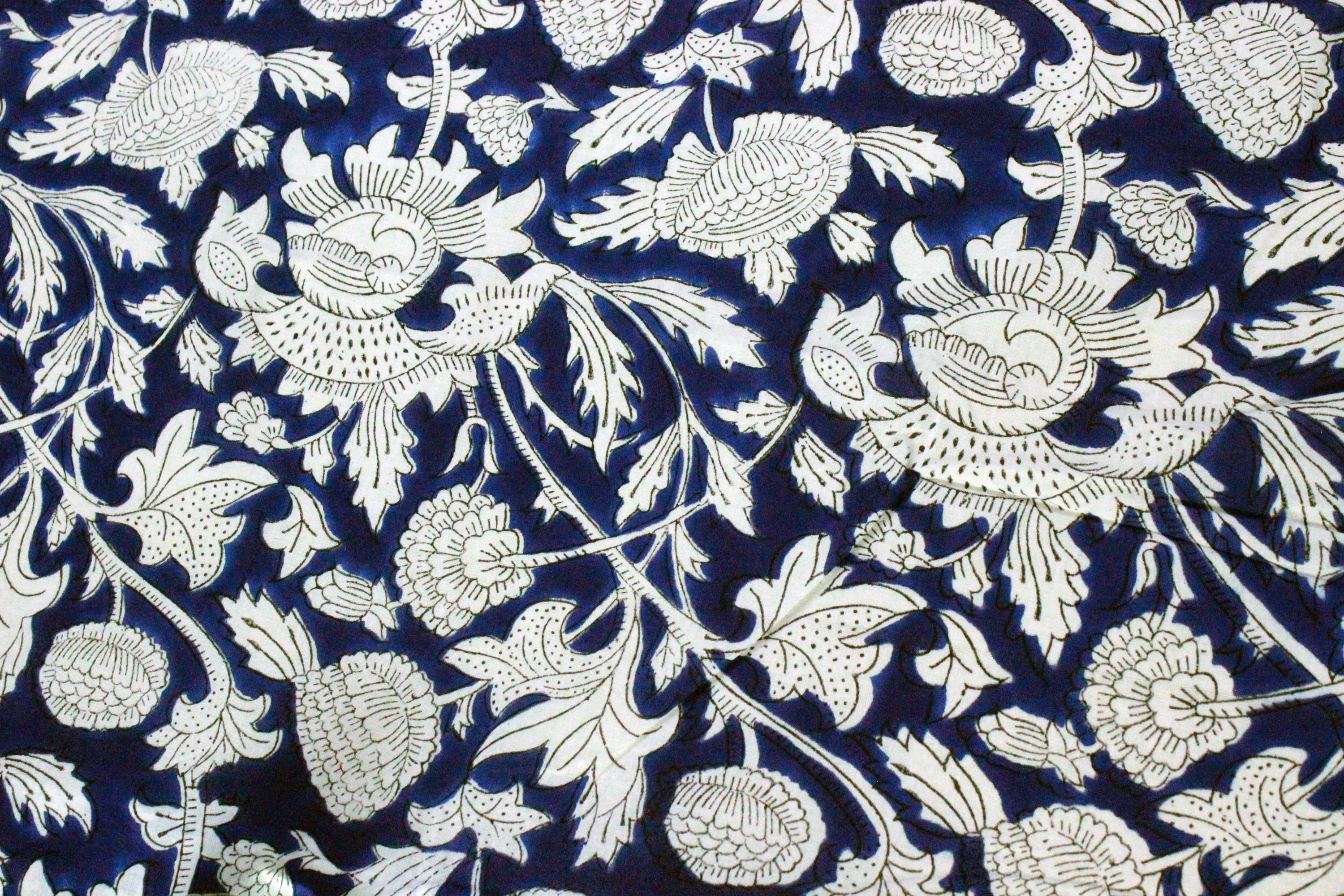 Blue and White Handmade Block Print Cotton Fabric by the Yard | Eco-Friendly & Breathable