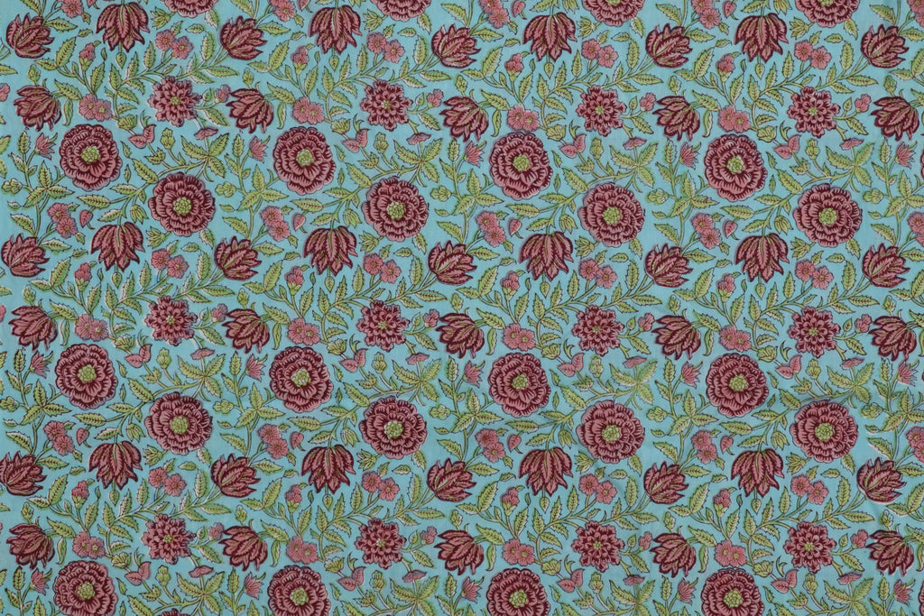 Blue and Pink Colour Handmade Block Print Cotton Fabric by the Yard | Eco-Friendly & Breathable