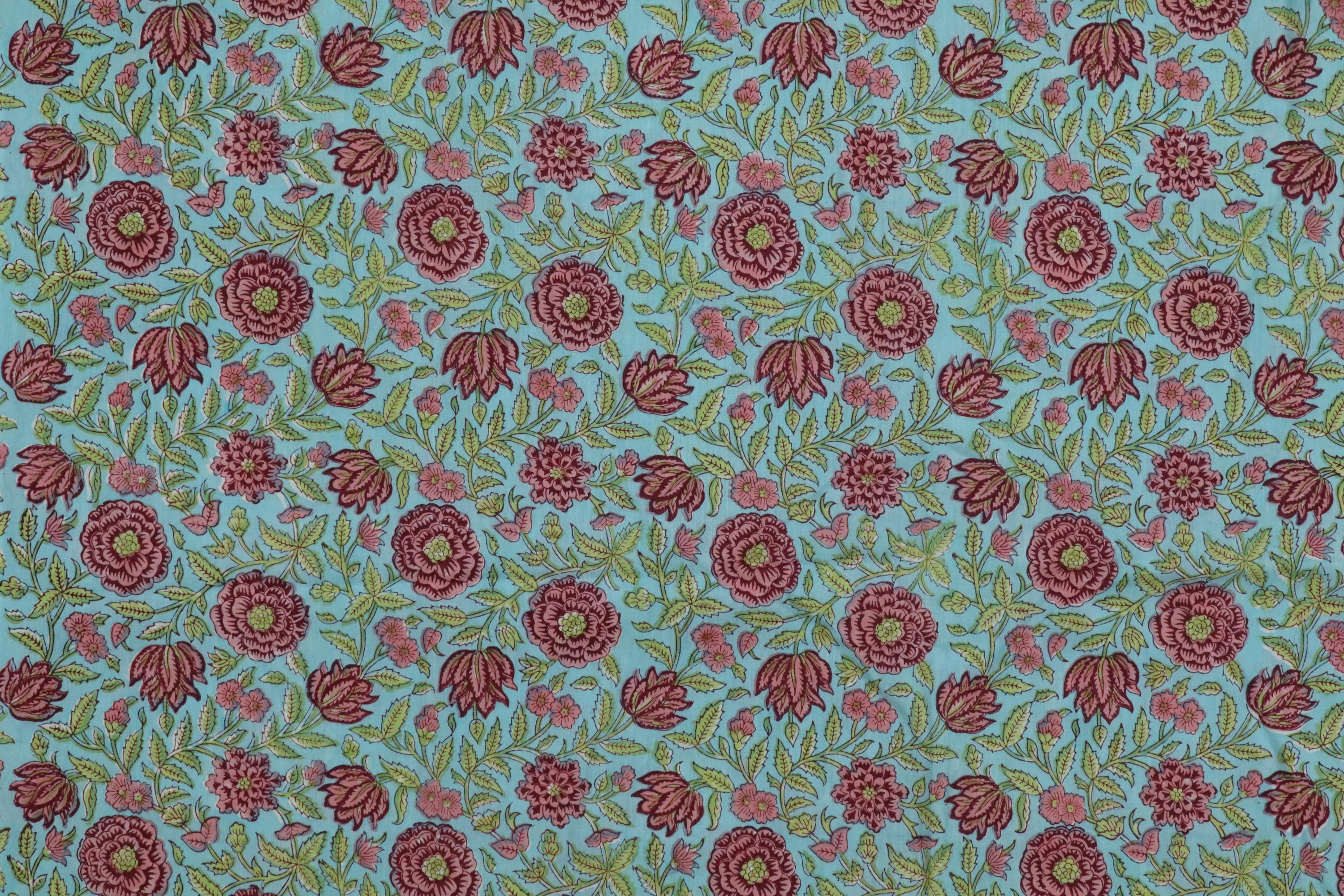 Blue and Pink Colour Handmade Block Print Cotton Fabric by the Yard | Eco-Friendly & Breathable