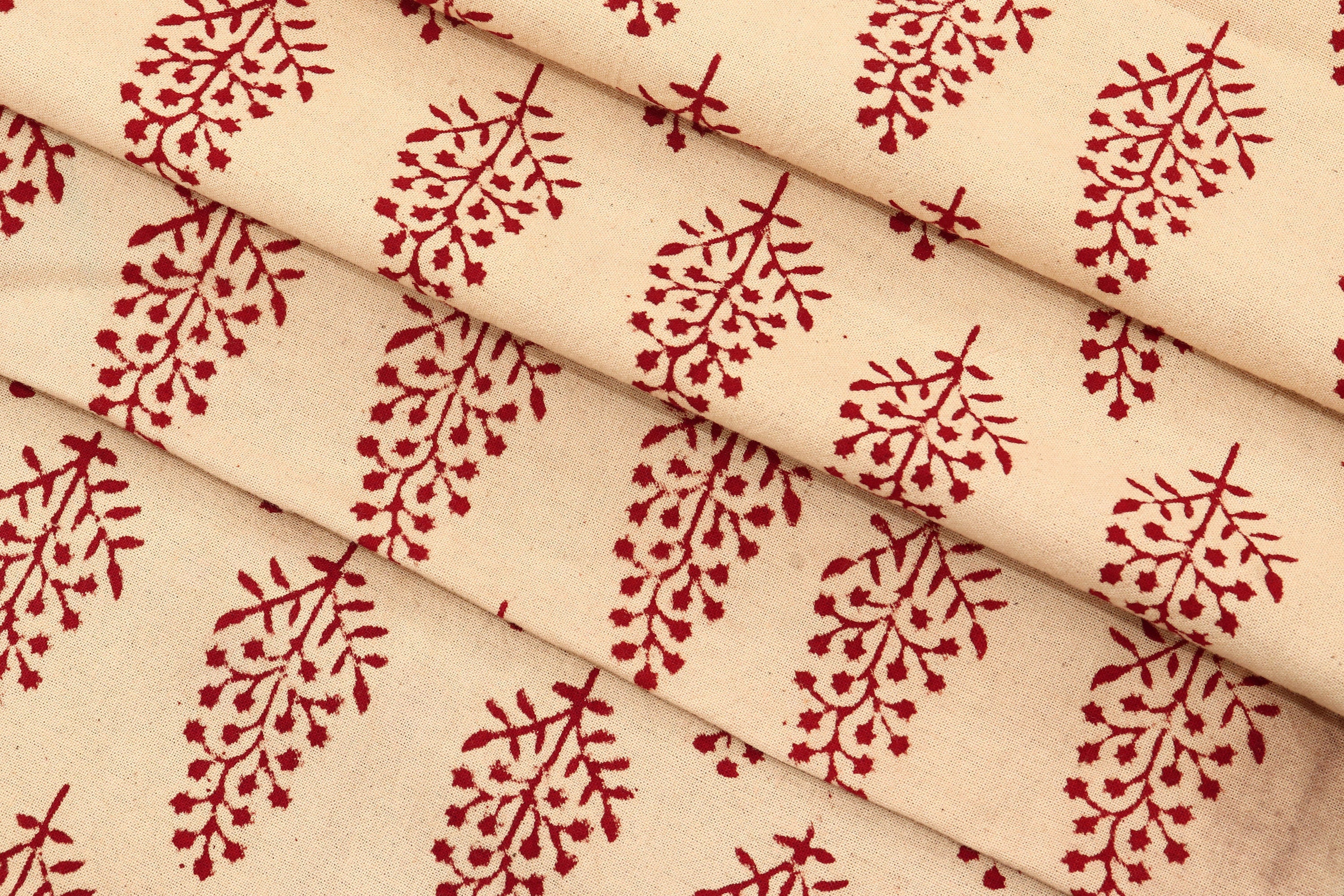 Beige and Red Handmade Block Print Cotton Fabric by the Yard | Eco-Friendly & Breathable