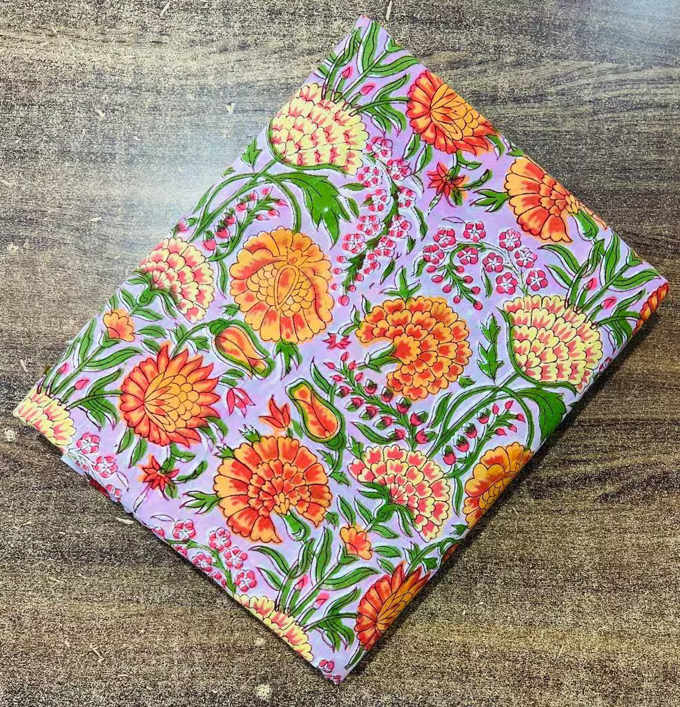 Mughal Floral Print Cotton Fabric: Purple & Green Indian Blockprint