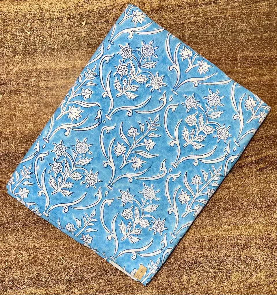 Blue & White Floral Block Print Fabric: 100% Linen or Cotton By The Yard