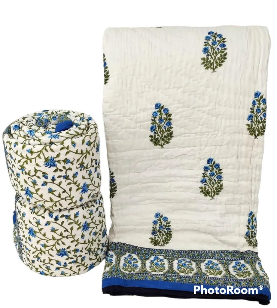 Reversible Cotton Razai & Quilt | Blue Floral Block Print