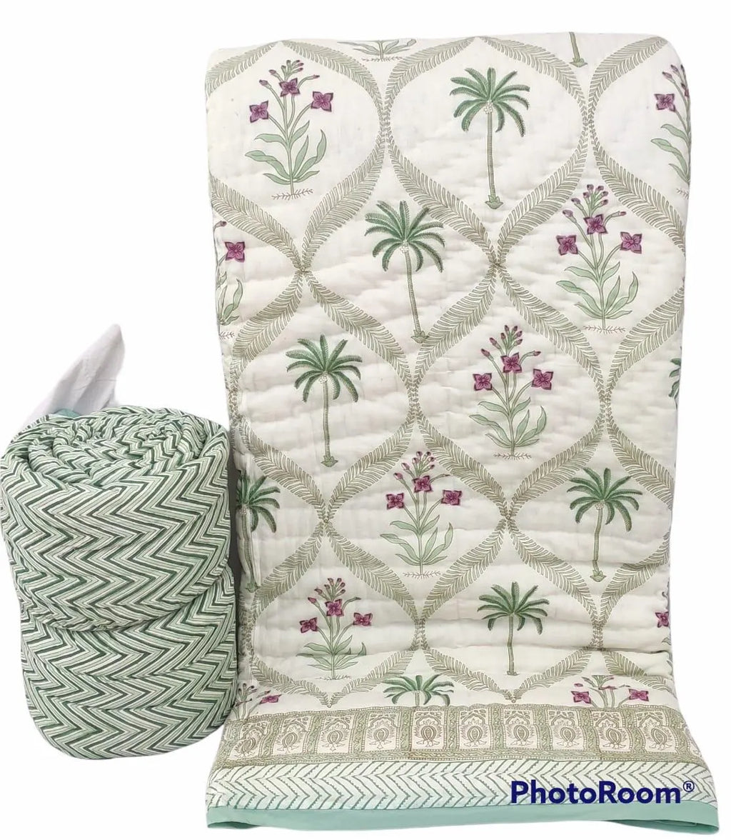 Green Palm & Floral Hand Block Printed Jaipur Quilt | Razai