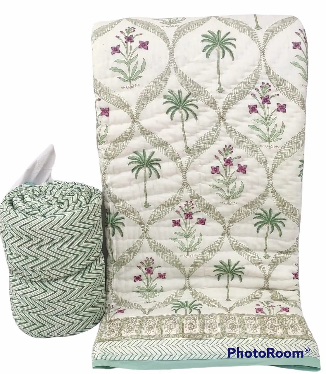 Green Palm & Floral Hand Block Printed Jaipur Quilt | Razai